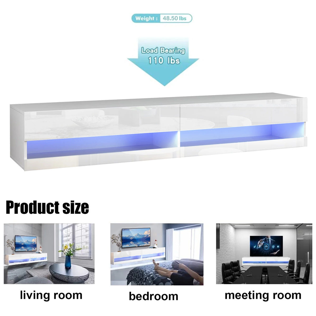 White High Gloss Wall Mounted TV Stand with LED Lights I8029
